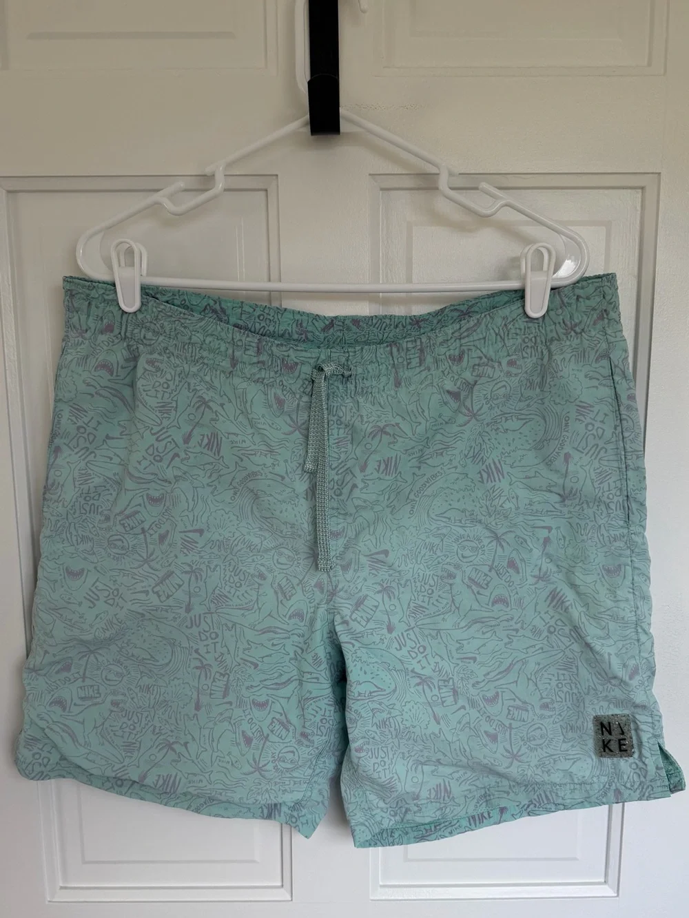 Nike Swim Trunks Medium Aqua Shark Print Board Shorts Just‎ Do It